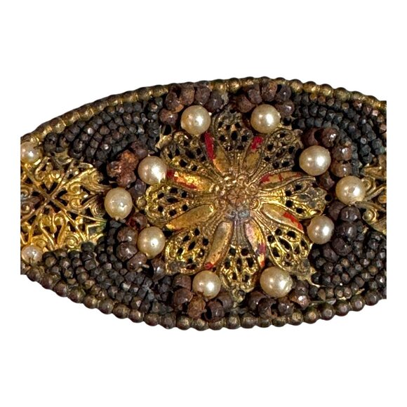 Antique France Gold Filigree & Beaded Brooch Faux Pearls Handmade Unique Design - Picture 2 of 9